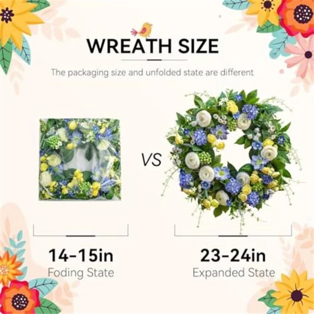 24 Inch Spring Wreath Artificial Hydrangea, Anemone & Wild Daisy Flowers